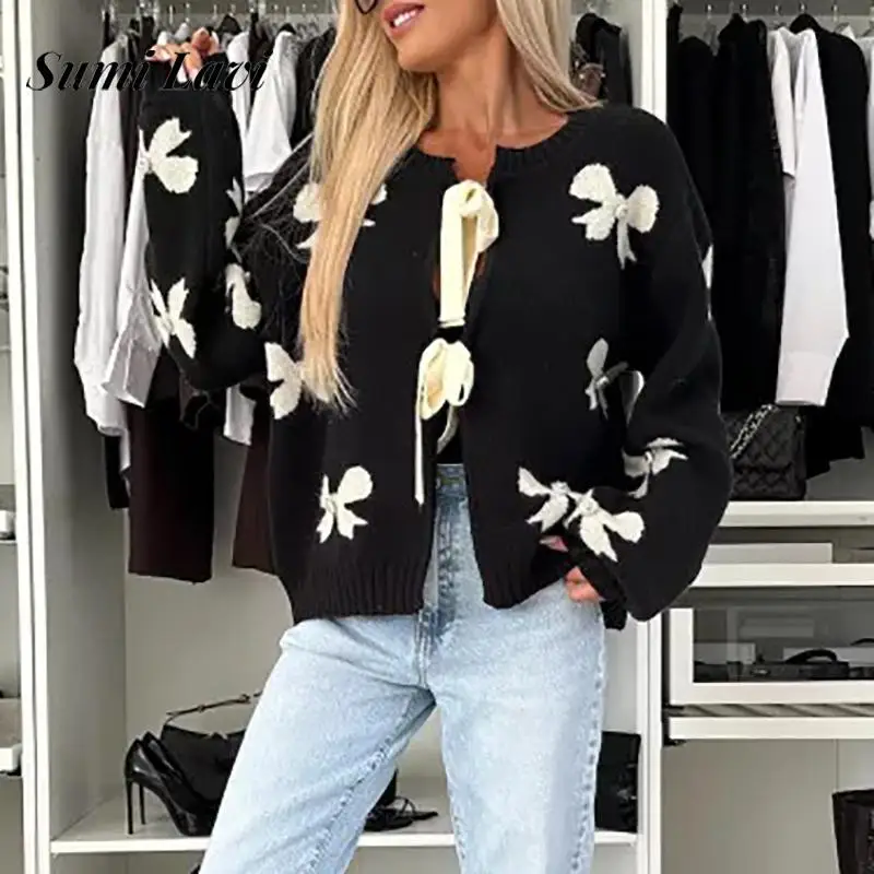 Women Causal Long Sleeve Loose Cardigan Jumper Fashion Butterfly Knot Printed Knitted Coat Elegant O-neck Lace Up Hollow Sweater