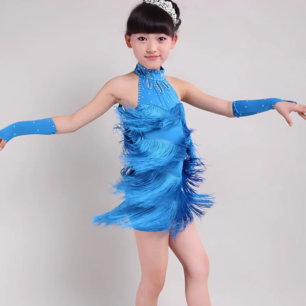 Girls Dance Dress Solid Sleeveless Latin Dance Dress Cha Cha Dress Kids Tango Skirt Carnival Wear Child Teen Stage Costume 3-15Y