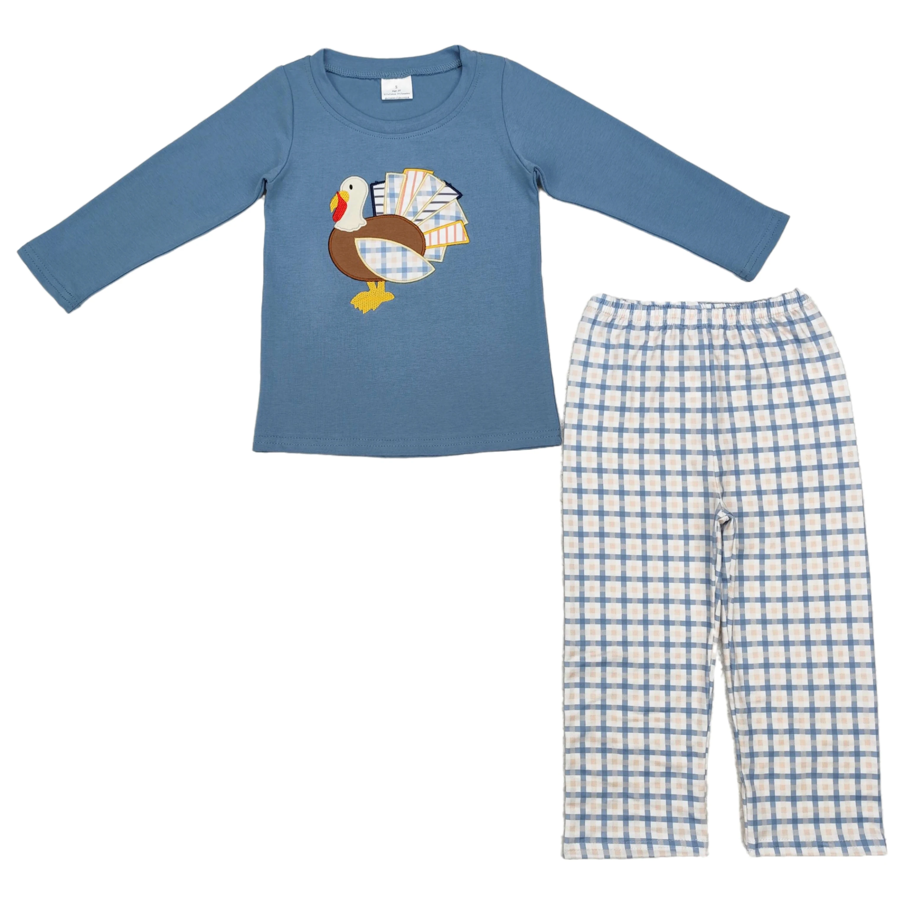 Wholesale Children Embroidery Turkey Set Kids Toddler Fall Pajamas Long Sleeves Shirt Pants Infant Baby Boy Thanksgiving Outfit