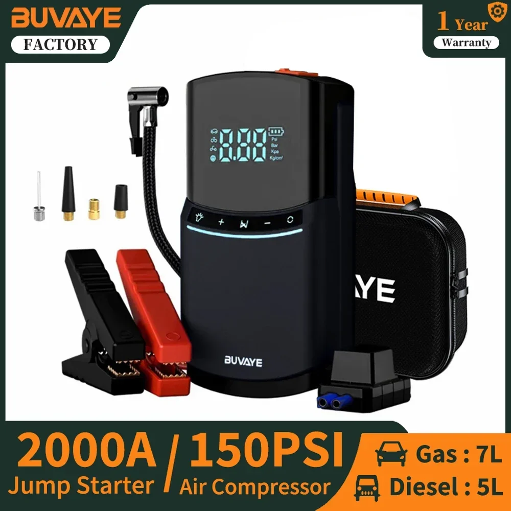 BUVAYE Car Jump Starter Air Compressor 2000A Jump Pack 7L Gas 5L Diesel 12V Battery Booster Jumper Cable 150PSI Electric Pump