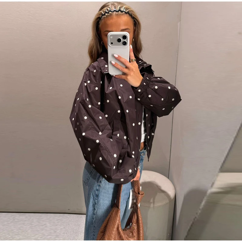 Damen Oversize-Mäntel mit Polka-Dot-Muster, Stehkragen, Langarm, Reißverschluss, Bomberjacken, Herbst, Damen, geraffte, lockere Jacke, neue Oberbekleidung – Detail 9