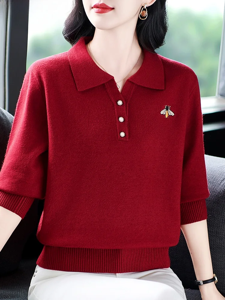 

Faionable Knitted Base Layer irt for Mom Autumn Wear 2024 New Sle Ele Middle-Aged Women's Clothing Spring Autumn