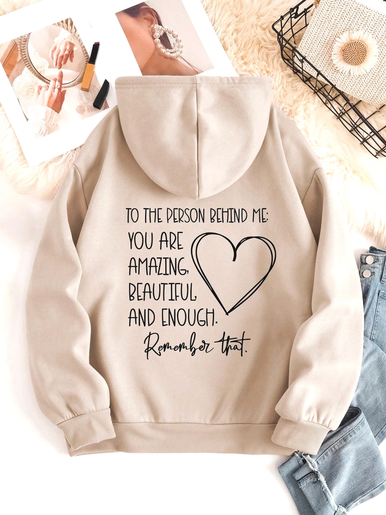 2025 Otoño Invierno INAWLY corazón eslogan gráfico Sudadera con capucha con cordón eres increíble hermoso y entraño camisetas de manga larga para mujer
