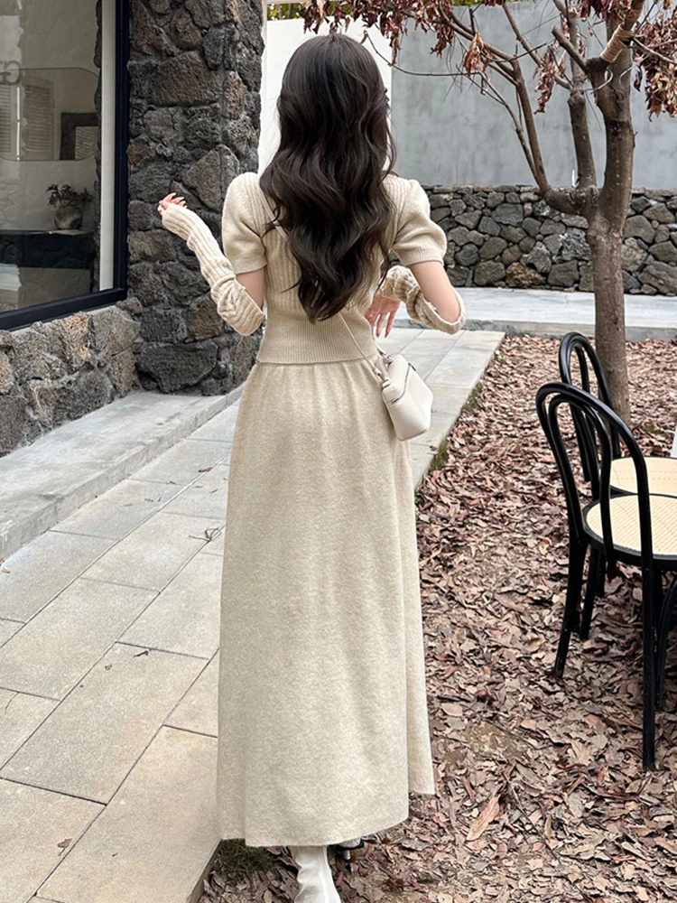 Autumn Winter Knitted Solid 2 Pieces Outfits Women Clothes Turtleneck Short Sleeve Sweater Tops Blouse And A-Line Long Skirt Set