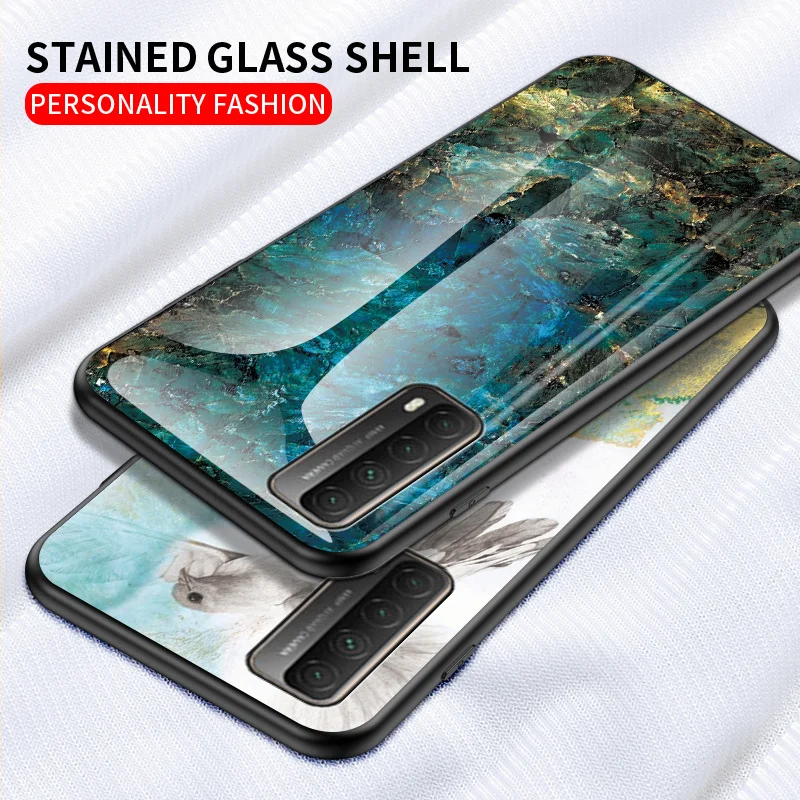 For Huawei P Smart 2021 PPA LX1 LX2 Case Marble Grain Tempered Glass Hard Back Cover Case Silicone Bumper for Huawei PSmart 2021