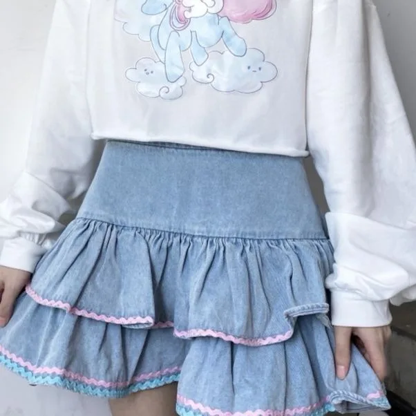 Japanese Girls Mini Dress Vintage Summer Layered ruffle Denim Pommel Skirt Cute Lady Slim Cake Skirt Schoolgirl Short Skirts