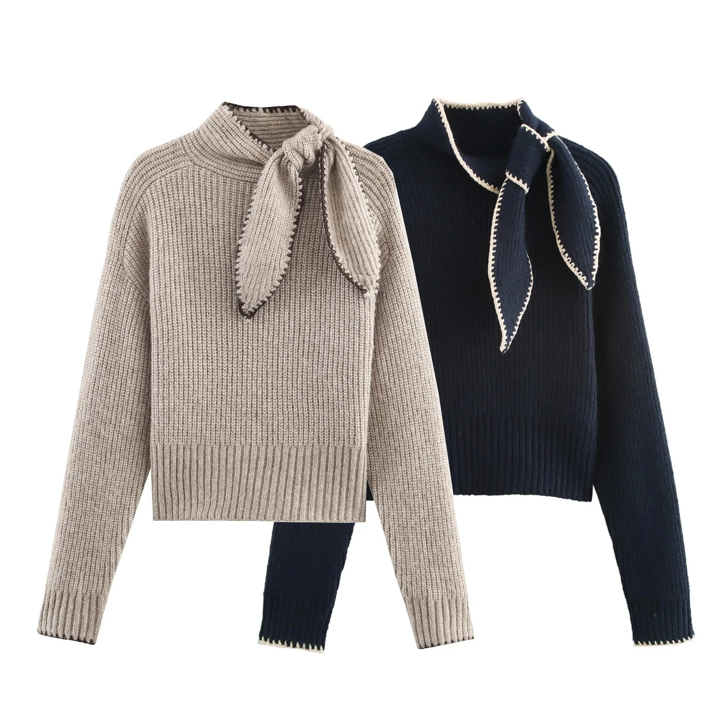 Novo feminino casual doce moda solta manga comprida gola arco-embelezado camisola de malha