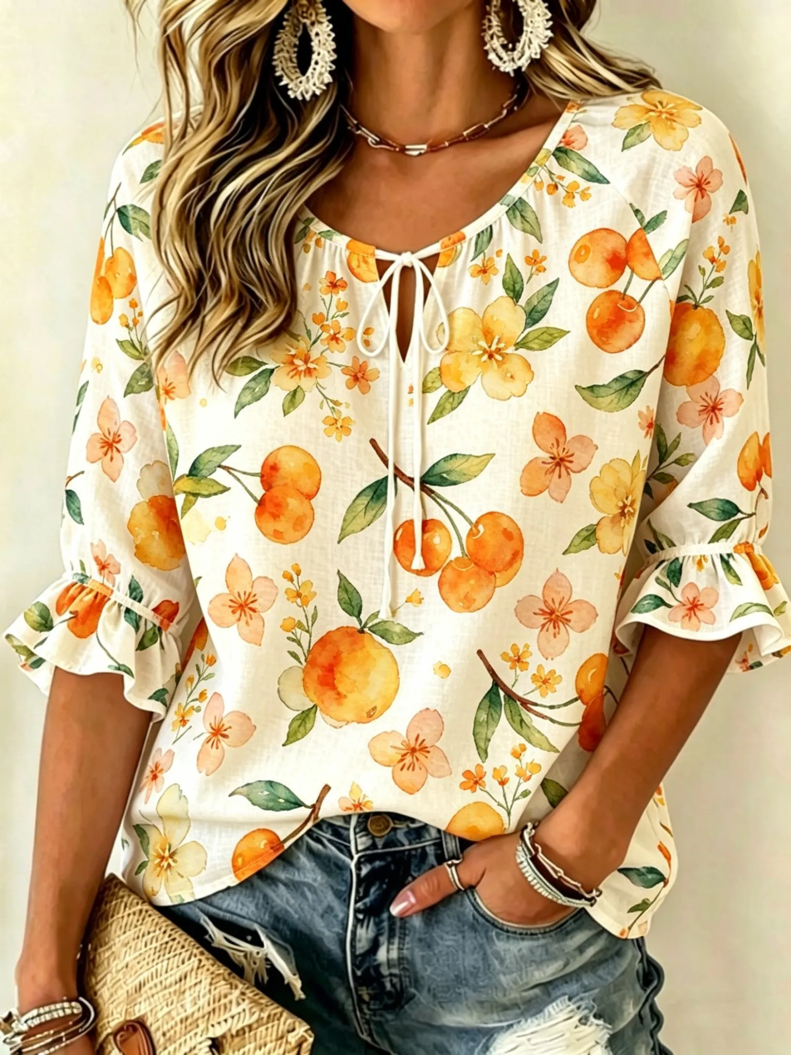

Women's Watercolor Orange & Floral Print Tie Front Blouse, Casual Loose Top for Spring Summer Daily Wear