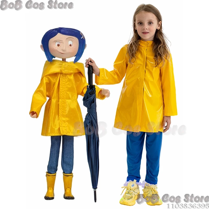 Coraline Caroline Horror Movies Cosplay The Key Prop Costume Wig Yellow Coat Secret Door Button Glasses Halloween Scary Roleplay