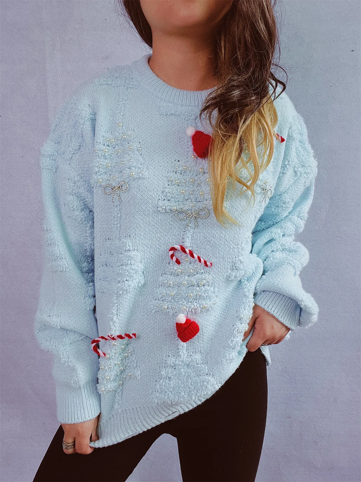 

Новый рождественский свитер, повседневный модный свободный топ с трехмерным узором, вязаный пуловер с длинными рукавами и круглым вырезом, женская одежда