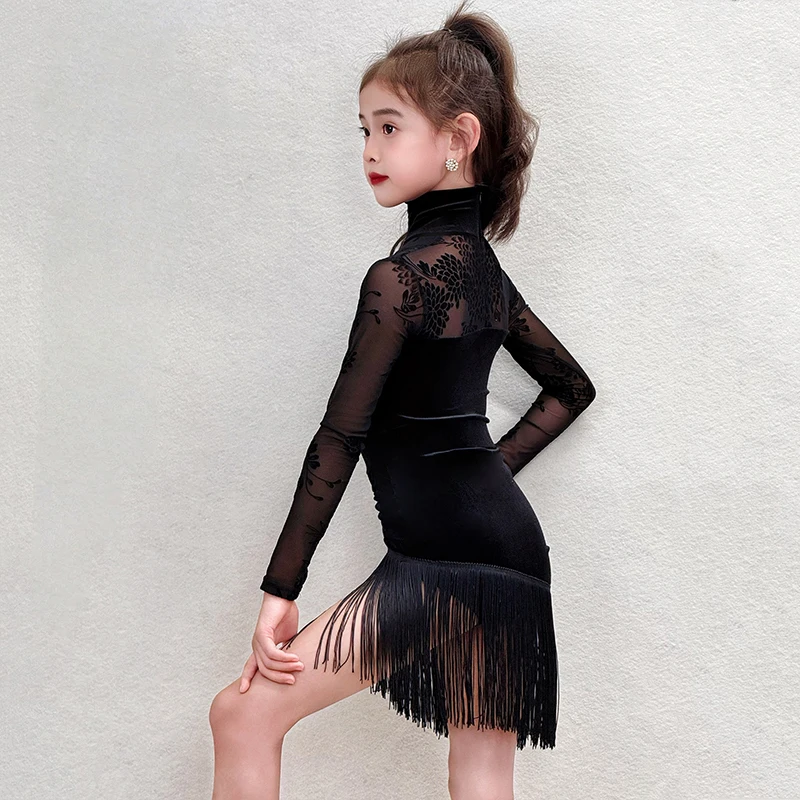 

Платье с бахромой, юбка, платье для сальсы, латинских танцев, стандартные платья для соревнований по бальным танцам для девочек, костюм для латинских танцев с кисточками, детский костюм