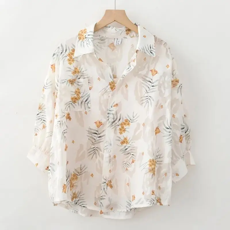 Französischer Stil, elegante, leichte Chiffon-Bluse, Damen-Kragen, florales, trendiges Oberteil