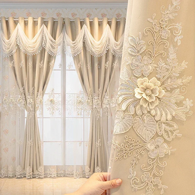 European Embroidery Double Curtains for Living Dining Room Bedroom Embossed Tulle Partition Door Window Curtains Customize