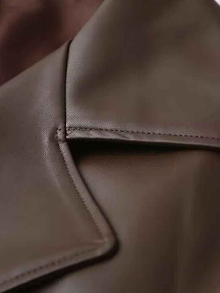 Faionable longo sve couro do plutônio blusão casaco feminino solto ajuste colarinho jaet com cinto outono inverno nova chegada