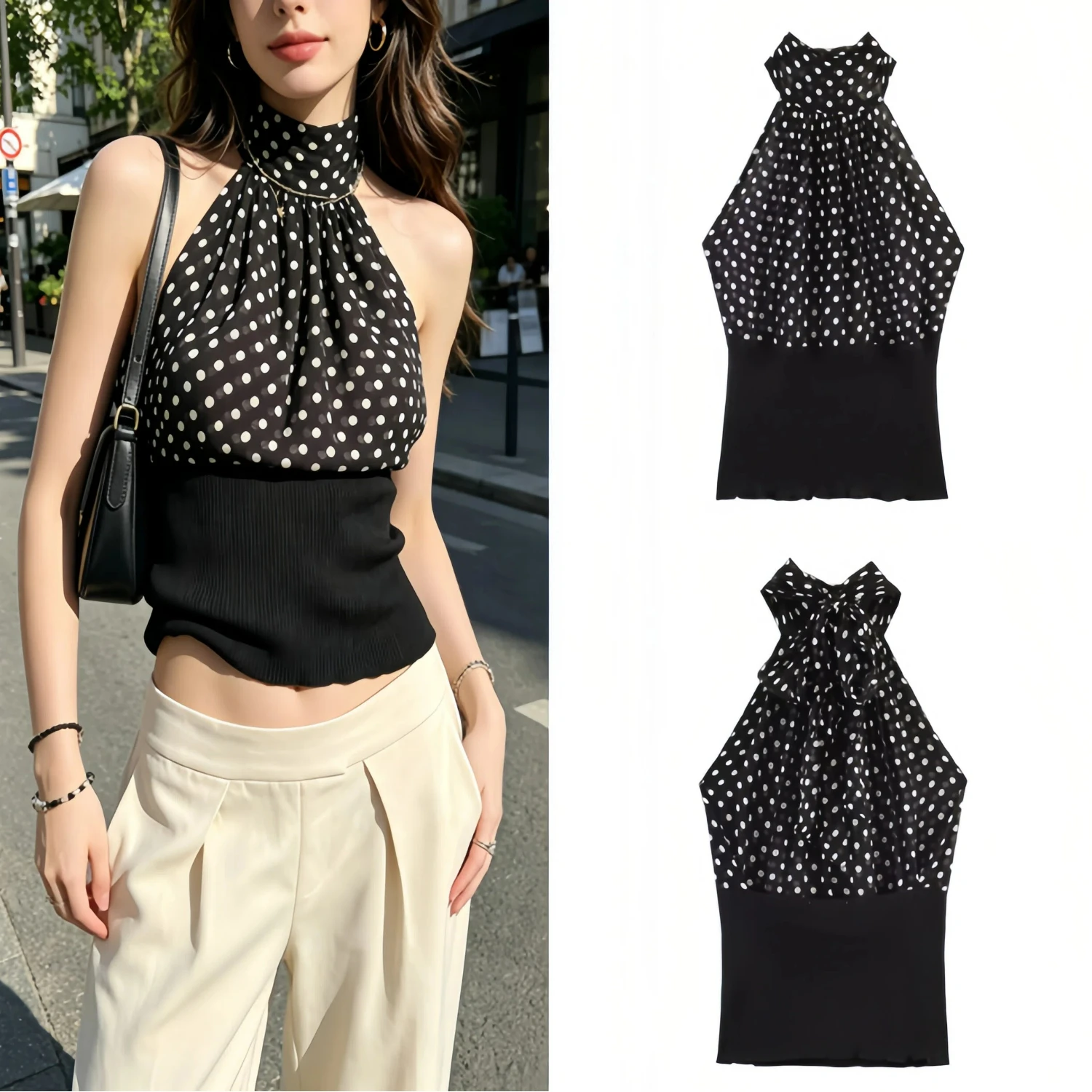 Romantisches Schwarzes Polka-Dot Neckholder-Top für Damen, Sommer 2026, Figurbetont, Sexy, Elegant, Schmeichelhaft, Modisches Oberteil für Frauen