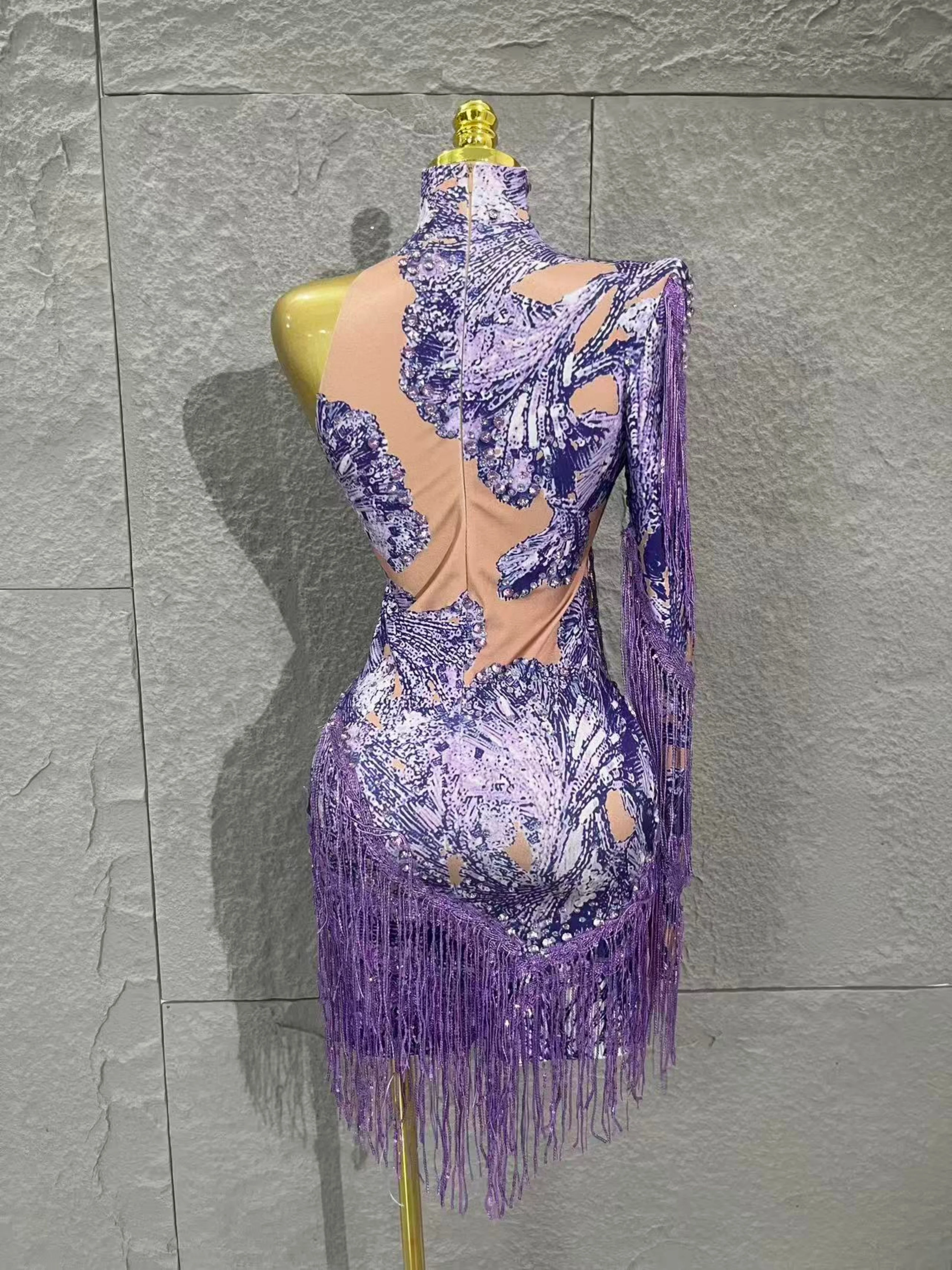 Mini robe violette extensible à manches simples pour femmes, nouvelle célébrité, Sexy, boîte de nuit, chanteur, danseuse, pompon, Costume de scène, fête, 2025