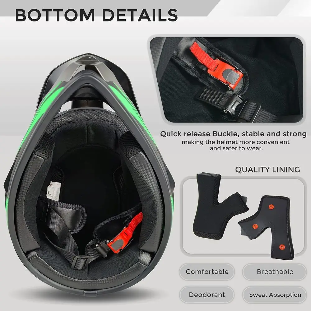 Jeugd ATV crossmotorhelm met handschoenen, bril en masker, DOT-gecertificeerd, 4-delige set, groen, maat S