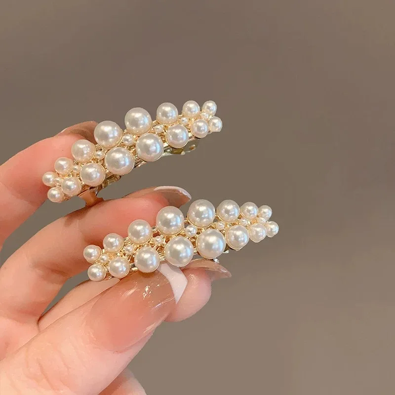Hair Clip Pearl Side Premium Metal Spring Clip for Women Girls Daily Party Travel Durable Lightweight Pearl White Accessory