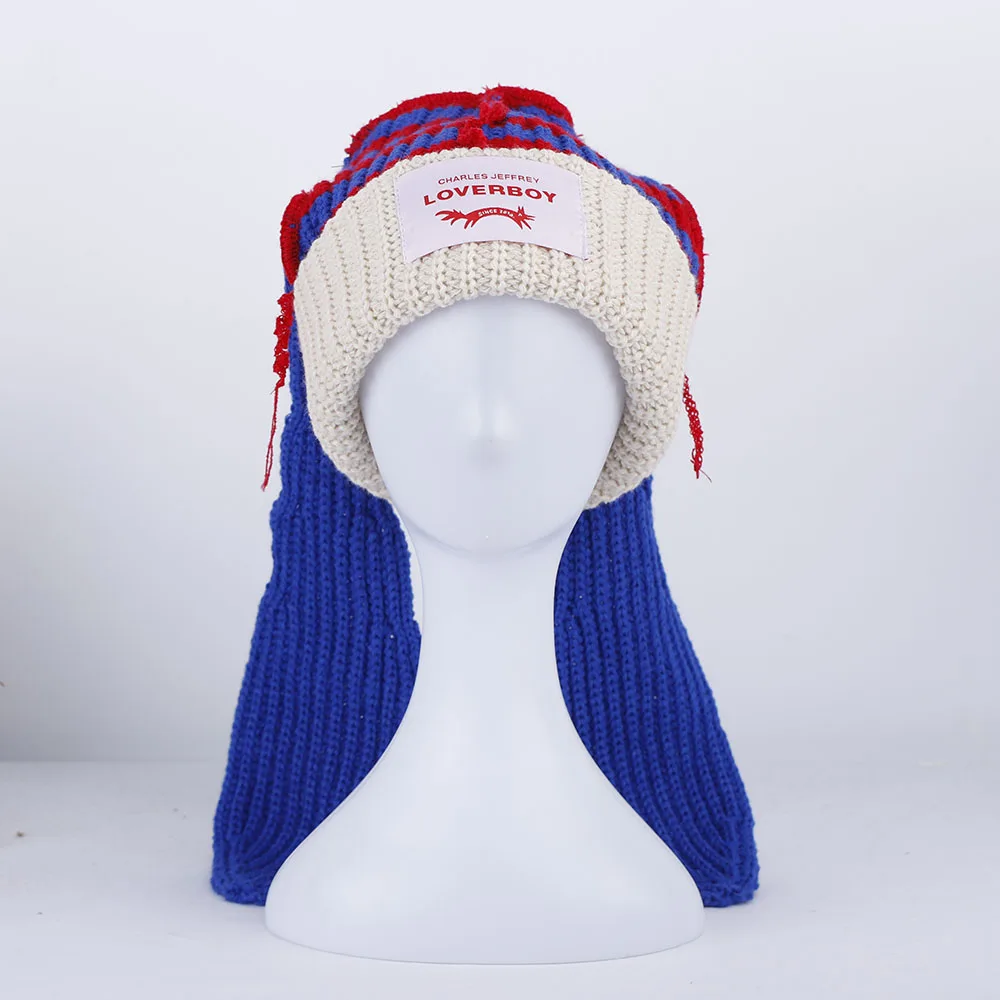 2023 new Winter Skullies Cute Women Long ears fox Hat Crochet Knitted Costume Beanie Hats Women Color matching Gift Hip-hop Cap
