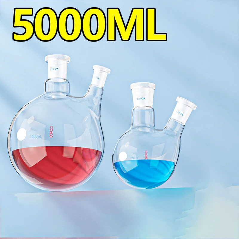 

1 piece of two-neck round bottom flask, inclined mouth distillation reaction flask 5000ml, high borosilicate glass