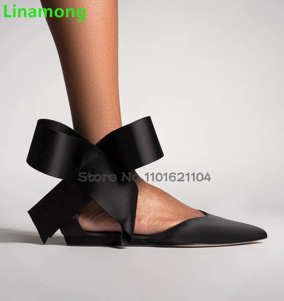 Butterfly-knot Pointed Toe Flat Shoes For Female Women 2024 Summer New Shallow Elegant Fashion Luxury All-match Cover Heel Shoes