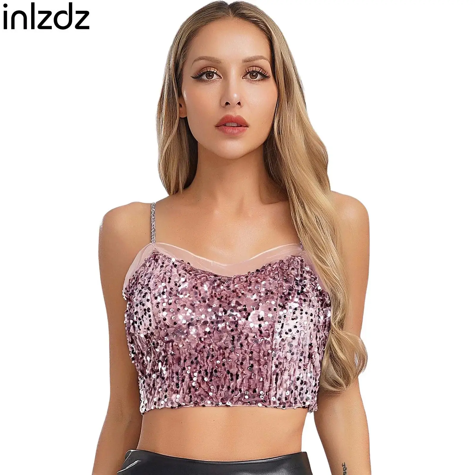 قميص قصير نسائي مثير سباركلي مطرز بالترتر المخملي سلسلة أشرطة كتف مرنة الظهر المدمج في وسادة قطع علوية قصيرة تانك القمم موضة كامي #1