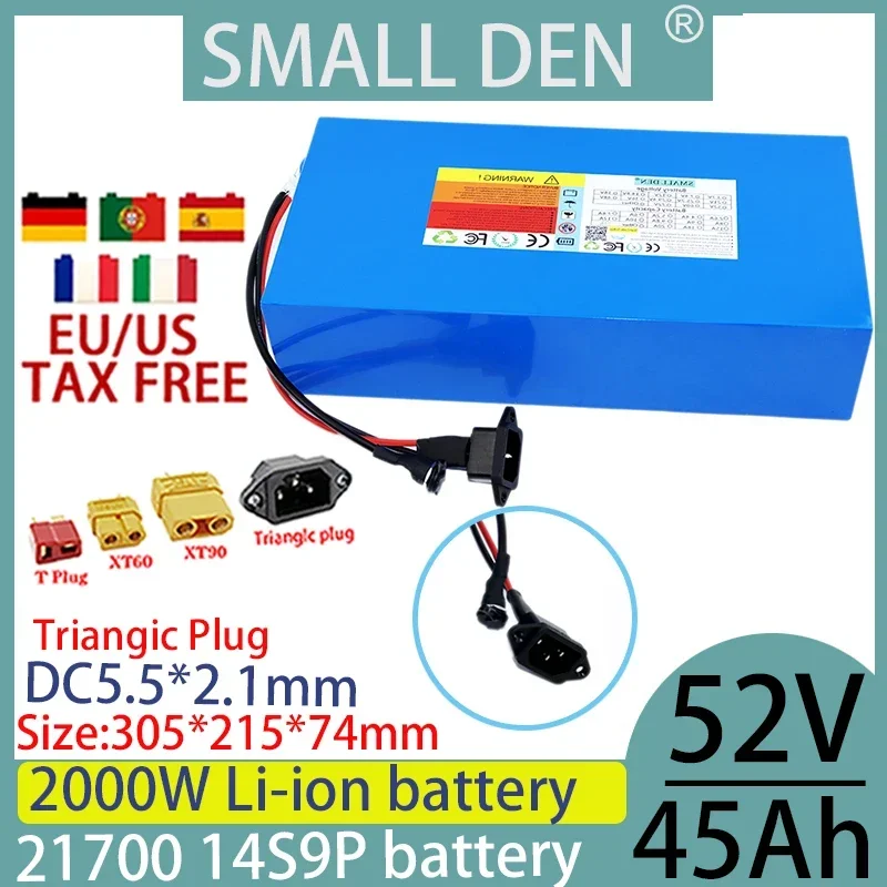 New 14S9P 52V 45ah 21700 lithium battery pack 45000mAh large capacity 0-2000W outdoor portable built-in 40A BMS+2A 3A 5A charger