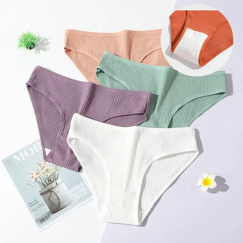 Seamless Solid Panties Ribbed Cotton Strips Briefs Ladies Low Waist Sports Underwear Girls Breathable Ropa Interior Femenina 1pc