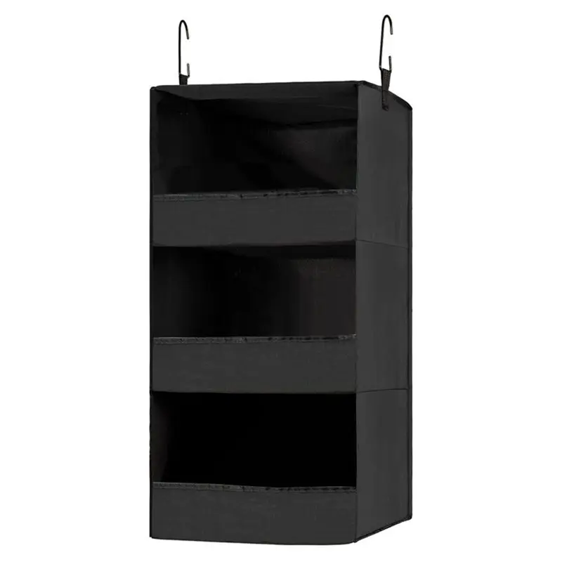 AT63-3-Shelf Hanging Closet Organizer And Storage, Collapsible Hanging Closet Shelves Hanging Organizer For Closet Black
