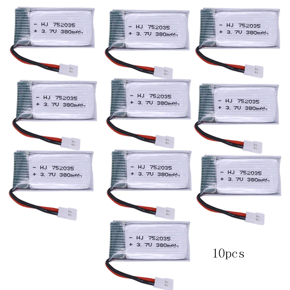 10 pz/lotto 3.7V 380mAh Batteria Lipo 25c Per Hubsan X4 H107 H107L H107D JD385 JD388 RC Aeromobili Multi-Rotori batteria 752035