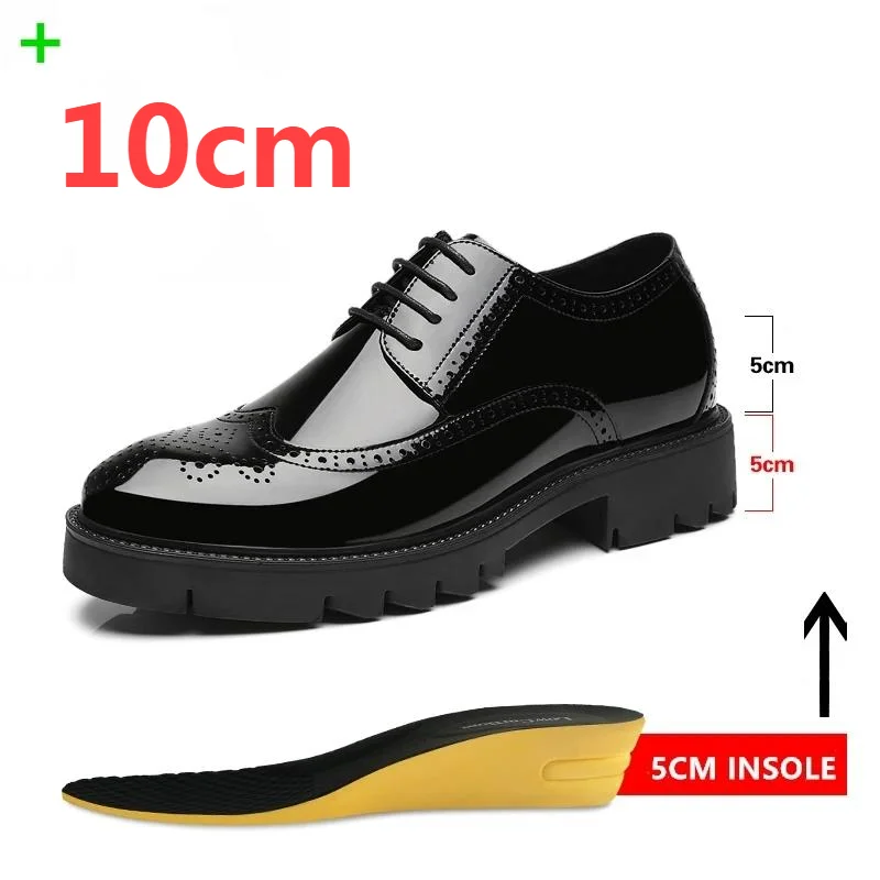 2025 Men's Elevator Shoes 8cm/10cm Luxury Men Brogues Patent Leather shoes Man Height Increase Insole Business Wedding Shoes