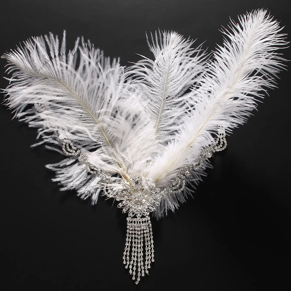 Stonefans Vintage Gatsby White Feather Flapper Headband Wedding Accessories Inspired Crystal Flower Tassel Hair Chain for Women