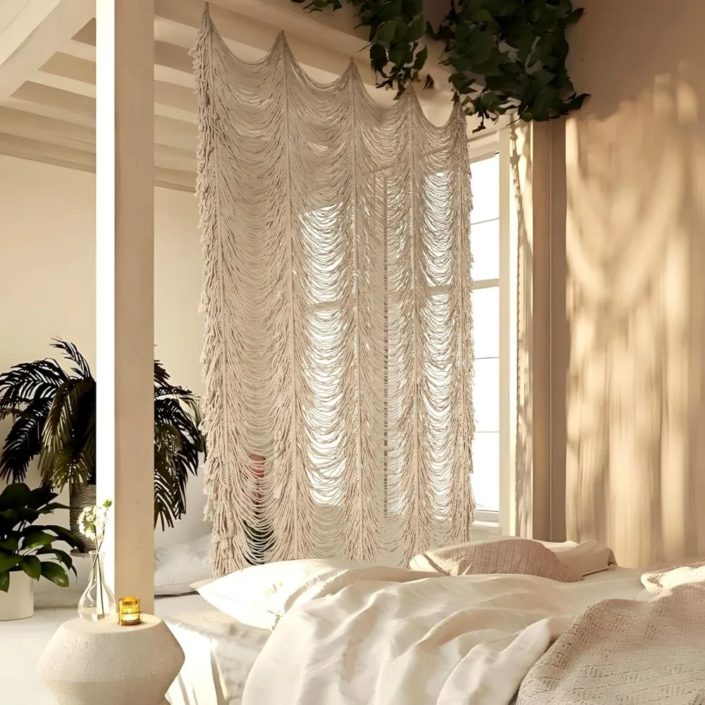 ستارة مكرامية بوهو مصنوعة يدويًا، لوحة واحدة من نافذة المدخل لتزيين الحائط، مصنوعة من القطن بنسبة 100%، مقسم غرفة معلق على الحائط #5