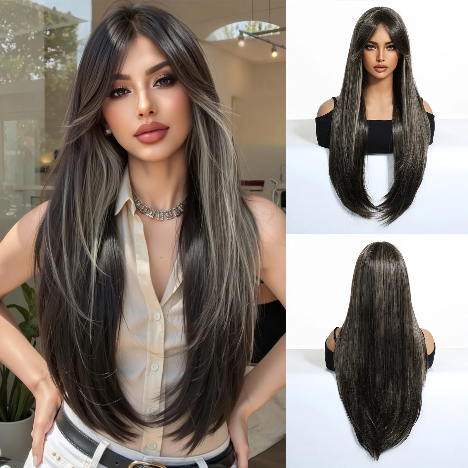 

Длинный прямой синтетический парик длиной 26 дюймов с челкой — термостойкая сетчатая шапочка в виде розы, элегантный женский стиль, подходит для повседневного ношения.