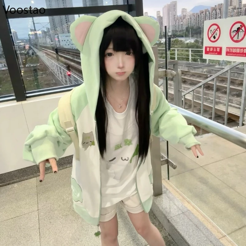 اليابانية Kawaii لوليتا سستة هوديس المرأة الحلو الدب آذان مقنعين معاطف الخريف الجرونج هودي Y2k التطريز فضفاض ​ ​ بلوزات