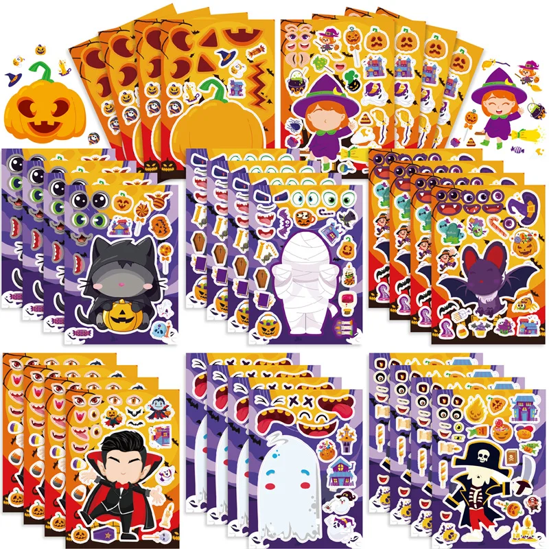 DIY Halloween Stickers for Kids, Make A Face, Pumpkin, Witch, Bat, Mummy, Prank, Puzzle, Adesivo, Decoração de Festa, Stiker, Presentes para Meninos e Meninas