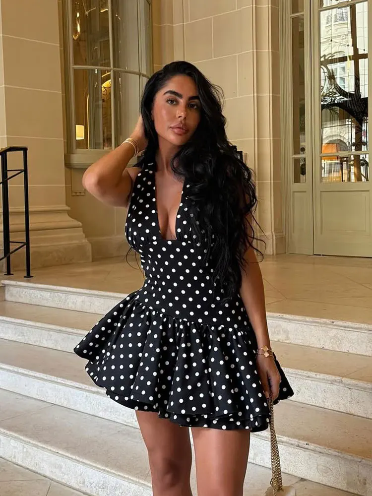 HH Feminino Vintage Assimétrico Polka Dot Mini Vestido Sem Mangas Pendurado Pescoço Decoração Em Camadas Backless Sexy Vestidos de Festa