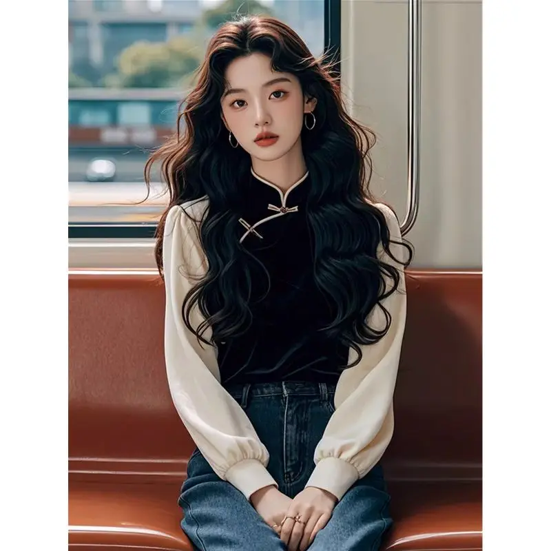 

Весенне-осенняя новая нижняя рубашка в китайском стиле в национальном стиле, черная бархатная рубашка на пуговицах, женские топы