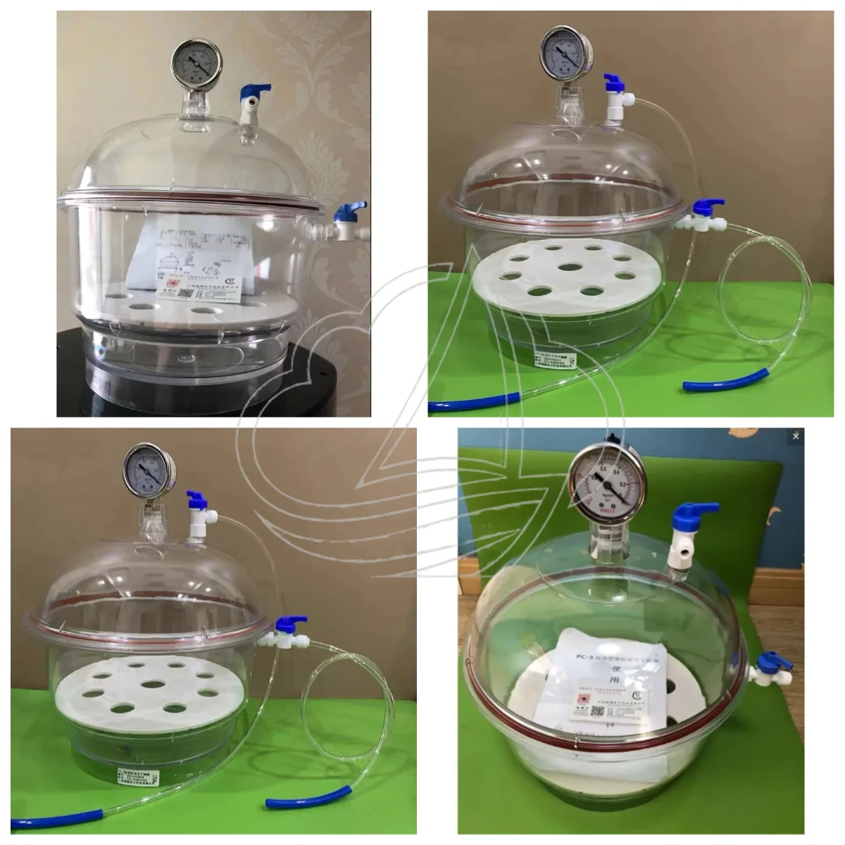 PC-3 252MM Polycarbonate Vacuum Dryer Transparent Lab Desiccator with Dual Valves & Pressure Gauge
