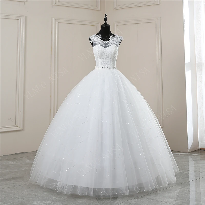 Y&m Novias Customized White O Neck Simple Wedding Dresses Pluse Size Vestido De Noiva Lace Embroidery Ball Gown Robe Mariage