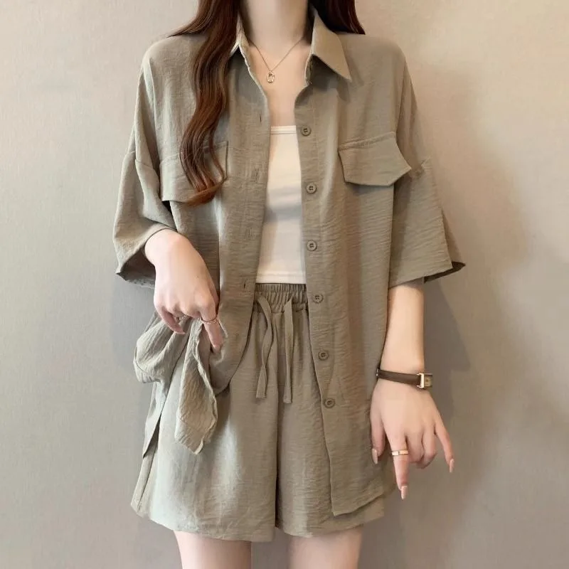 

Летний модный элитный тонкий костюм-рубашка большого размера, женские модные повседневные шорты, комплект из двух предметов