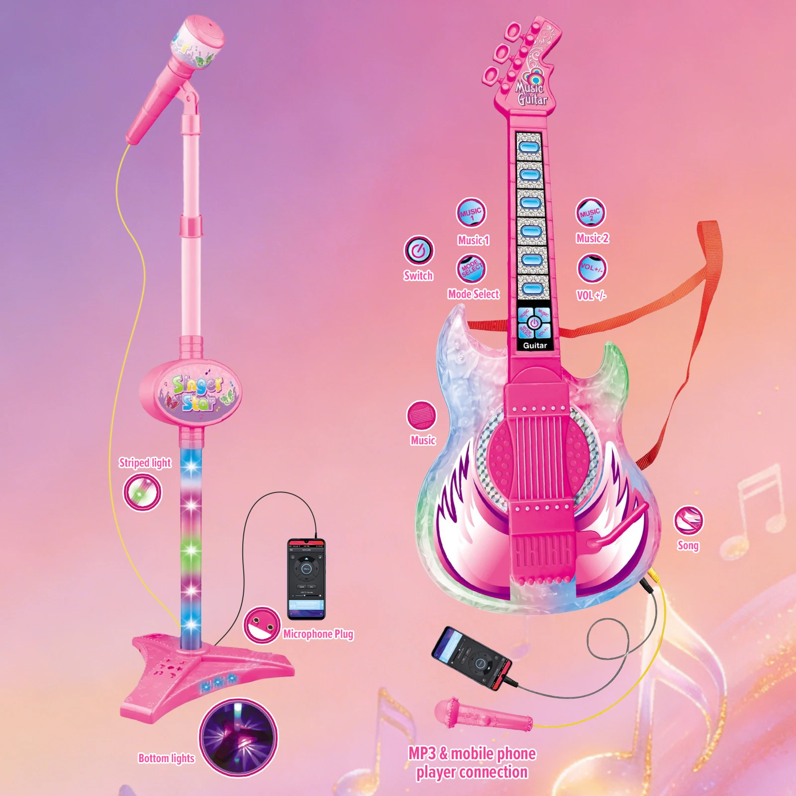 Kids Multi-functional Electric Guitar And Microphone Set With Music And LED Light Microphone Guitar Toys Gifts for Boys & Girls