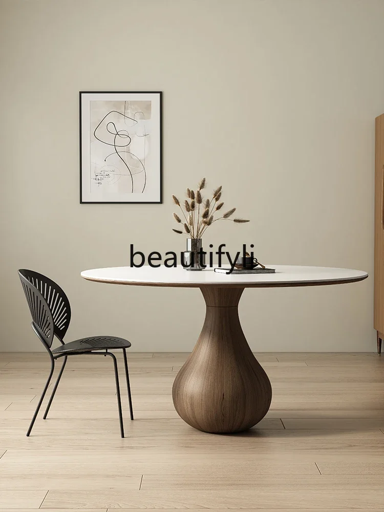 Deli Feng pure white black walnut solid wood round dining table household retro simple rock slab round dining table