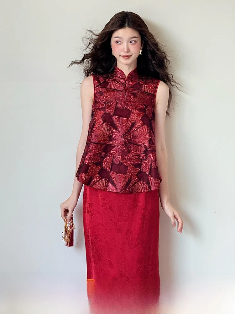

Red Wedding Dress New Chinese Style Sleeveless Set for Bride Vintage Zipper Long Skirt Adult Ceremony Party Celebration Gown
