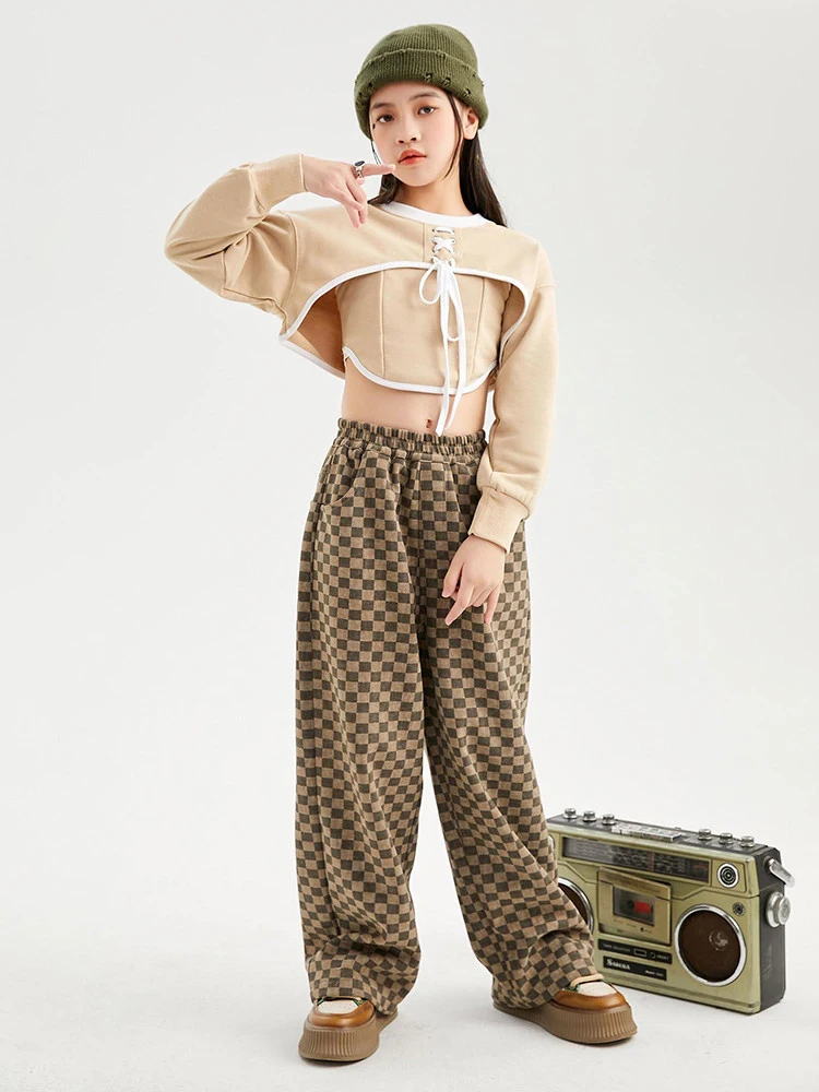 2022 Girls Clothes Hip Hop Dance Costume Long Sleeves Crop Tops Lattice Pants Casual Jazz Practice Wear Fashion Kpop Outfit 9684