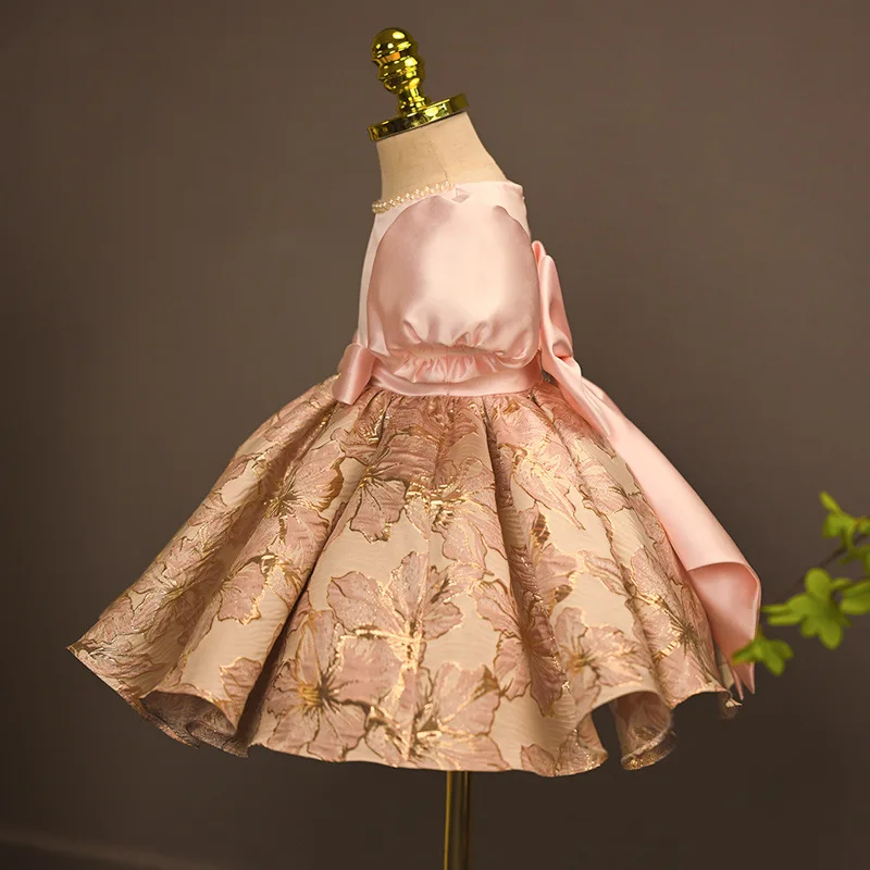 Children's One-Year-Old Banquet Dress Baby Girl Satin Baby Children Zhuazhou Host Flower Girl Wedding Princess Dress High-End