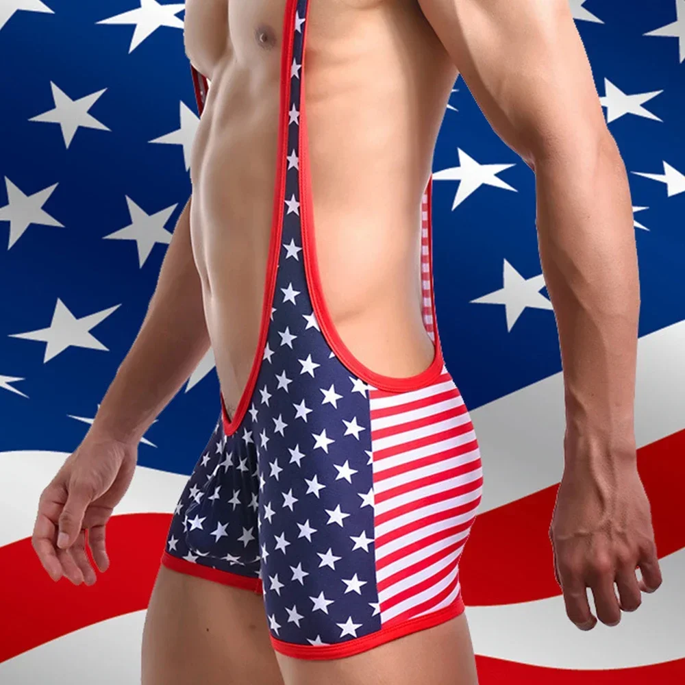 Men Sexy USA Flag Printed Bodysuit One-Piece Jockstrap Wrestling Singlets Leotard Undershirts Fitness Jumpsuit Clubwear Skinsuit