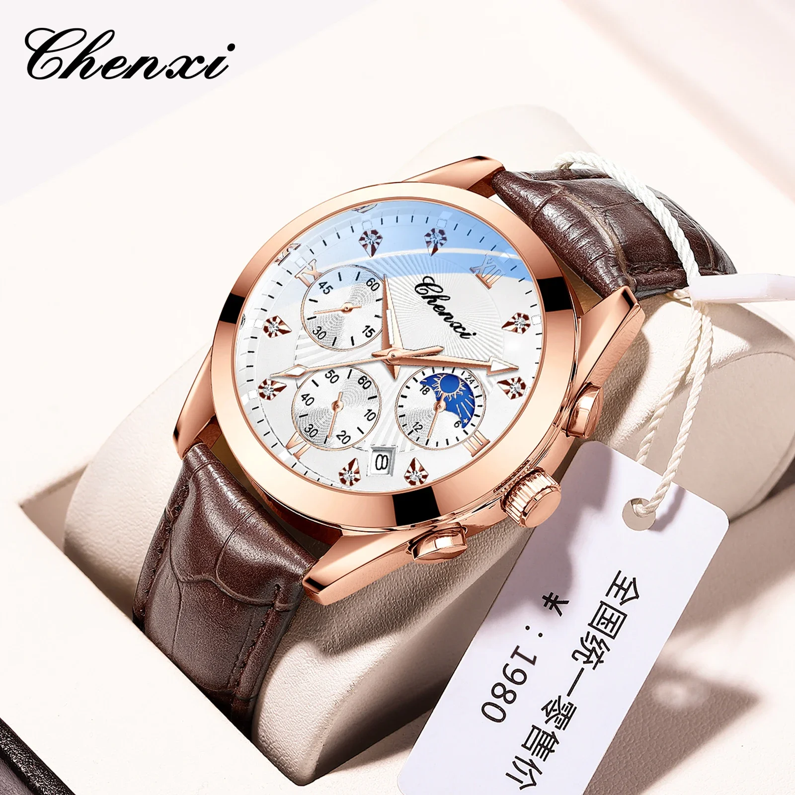 

CHENXI 903, заводские мужские часы, кварцевые часы с фазой Луны, светящаяся дата, секундомер, кожаные наручные часы, военные спортивные мужские часы Reloj