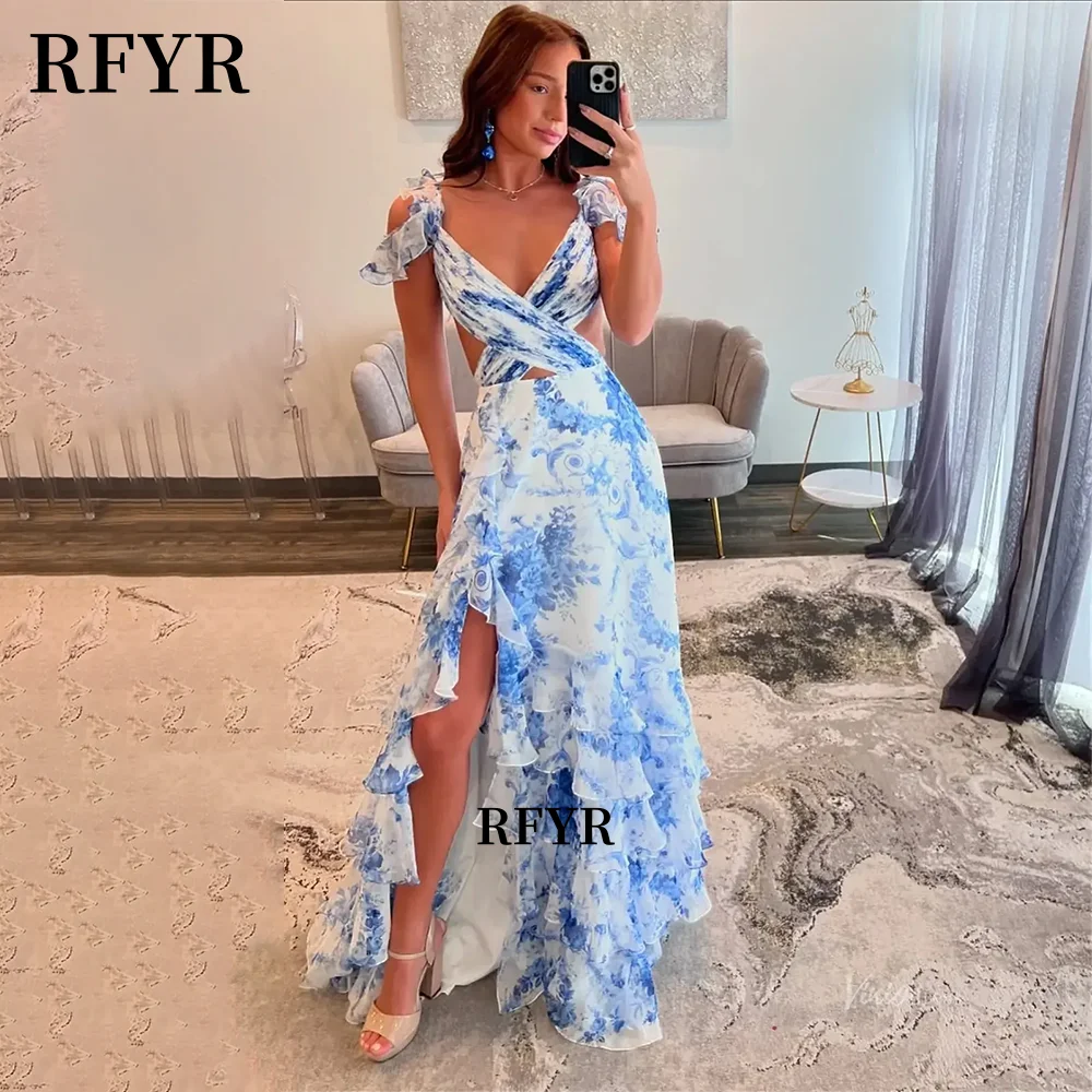 

RFYR A Line Floral Multilayers Prom Dress Princess Pleats Party Dress Women Cut Out Vestidos De Novia فساتين السهرة Customized