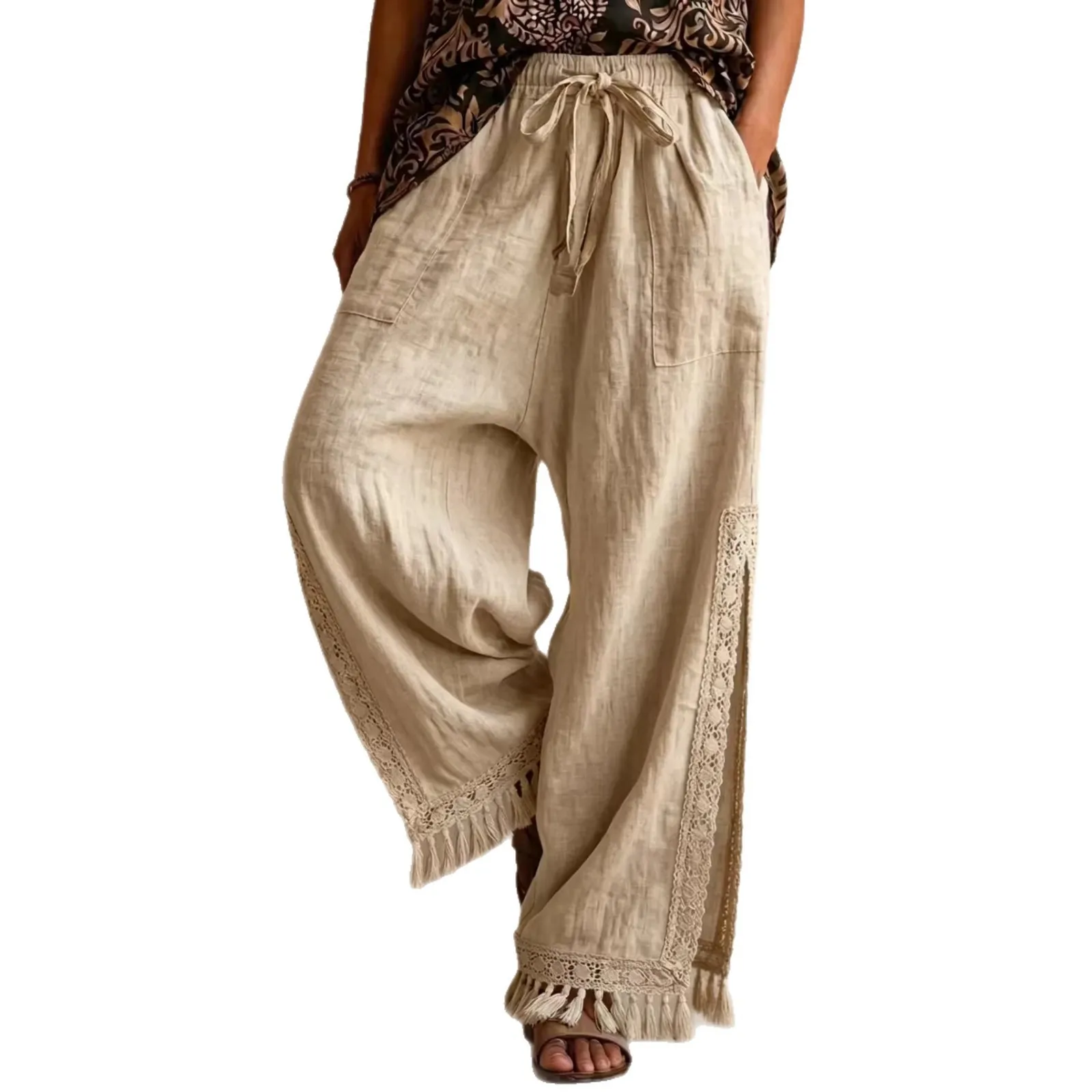 

Summer Women Casual Pants Cotton Linen Boho Trousers Lace Trim Drawstring Waist Wide Leg Pants Mid Waist Side Slit Long Solid